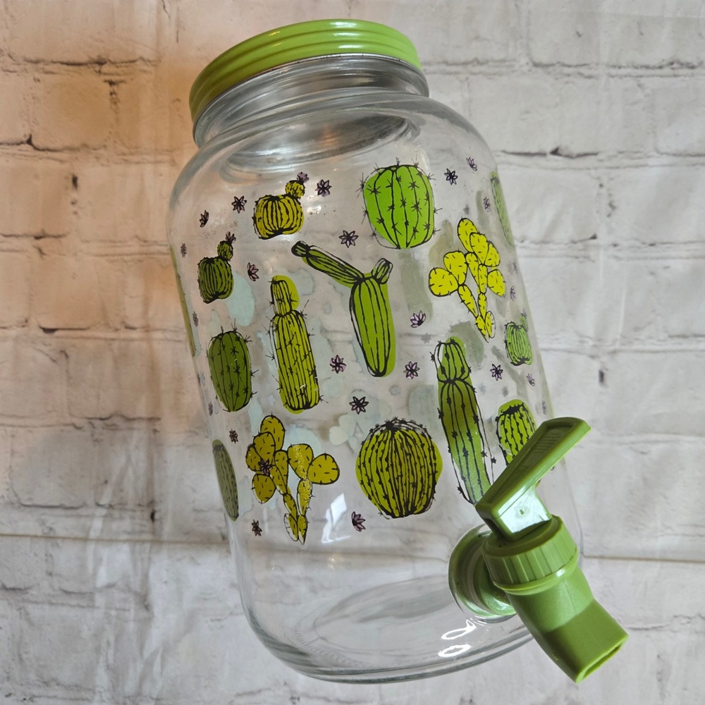 Vintage Sun Tea Gallon Glass Jar Dispenser Cactus print Mid century Modern